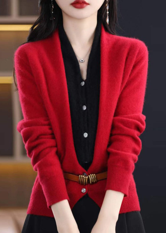 Red V Neck Patchwork False Two Pieces Woolen Top Fall