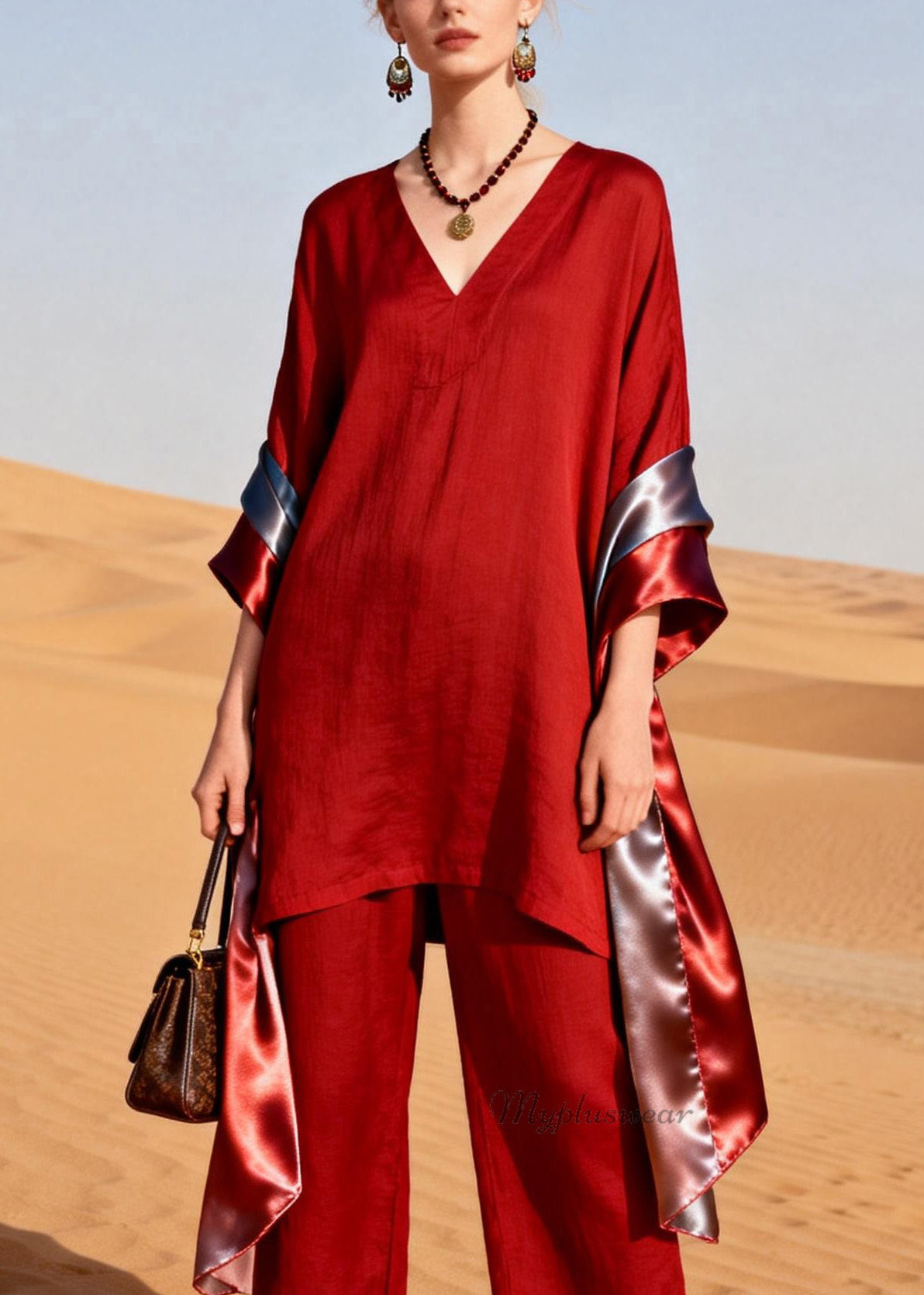 Red V Neck Patchwork Linen Silk Two Pieces Set Summer