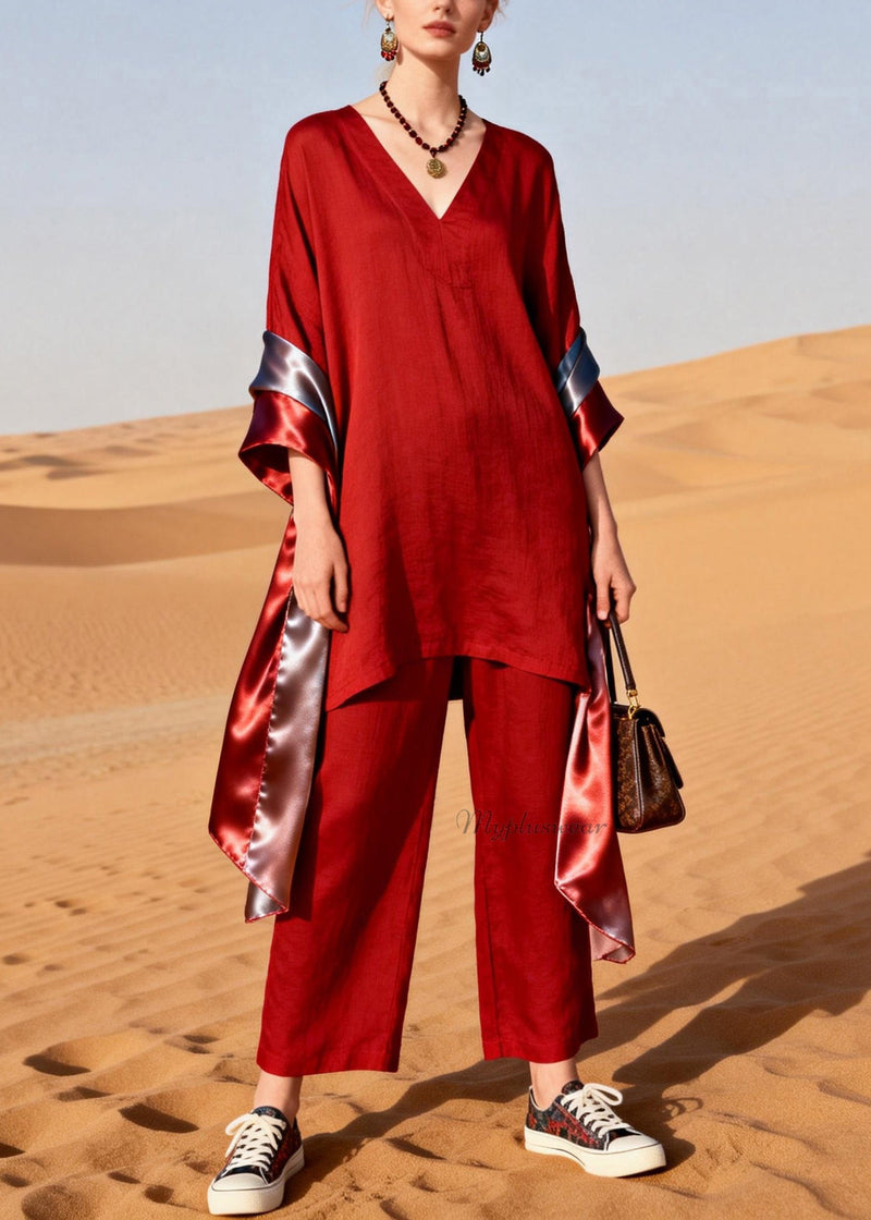 Red V Neck Patchwork Linen Silk Two Pieces Set Summer