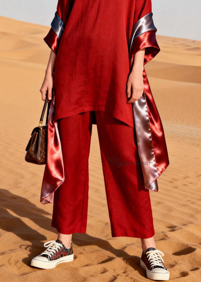 Red V Neck Patchwork Linen Silk Two Pieces Set Summer