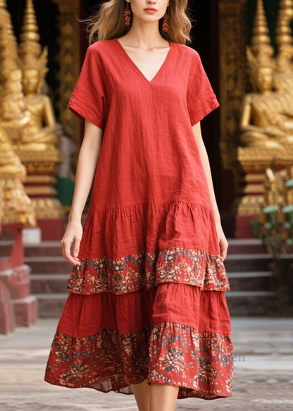 Red V Neck Patchwork Print Cotton Holiday Dress Summer