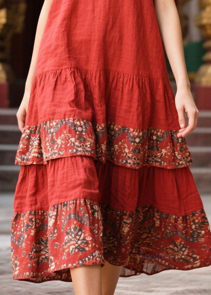 Red V Neck Patchwork Print Cotton Holiday Dress Summer