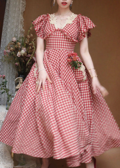 Red V Neck Plaid Ruffled Cotton Dress Butterfly Sleeve