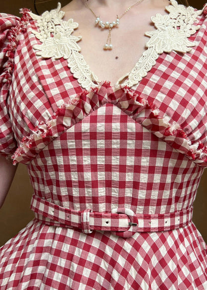 Red V Neck Plaid Ruffled Cotton Dress Butterfly Sleeve
