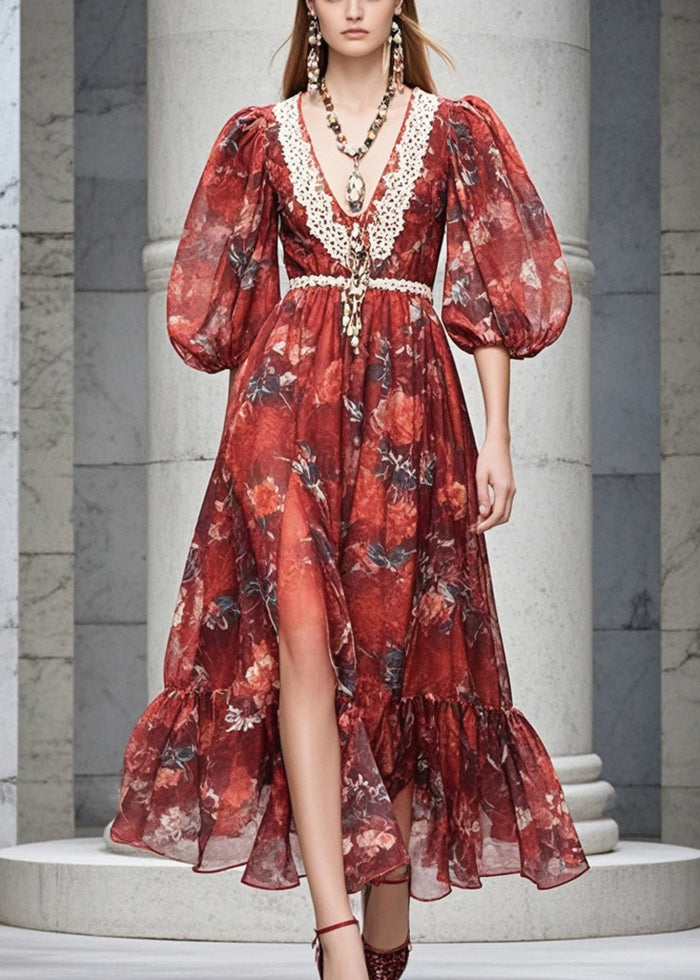 Red V Neck Print Chiffon Dresses Flare Sleeve