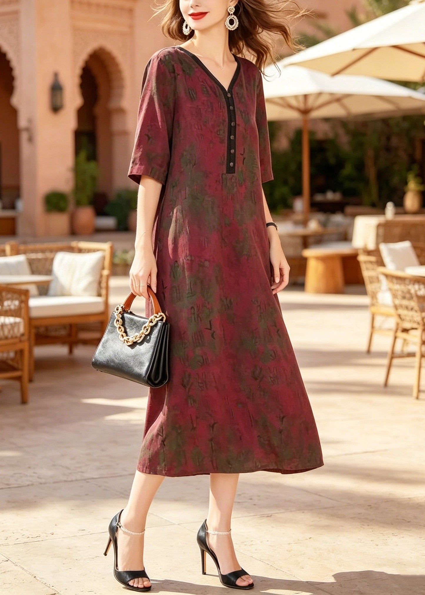 Red V Neck Print Patchwork Silk Dresses Summer
