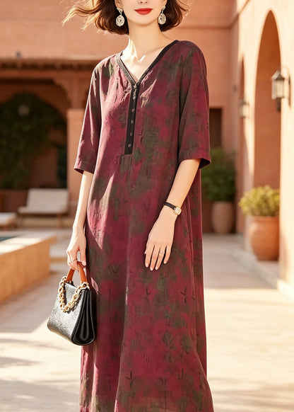 Red V Neck Print Patchwork Silk Dresses Summer