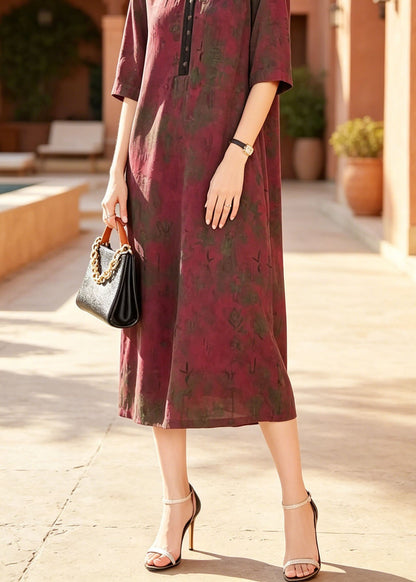 Red V Neck Print Patchwork Silk Dresses Summer