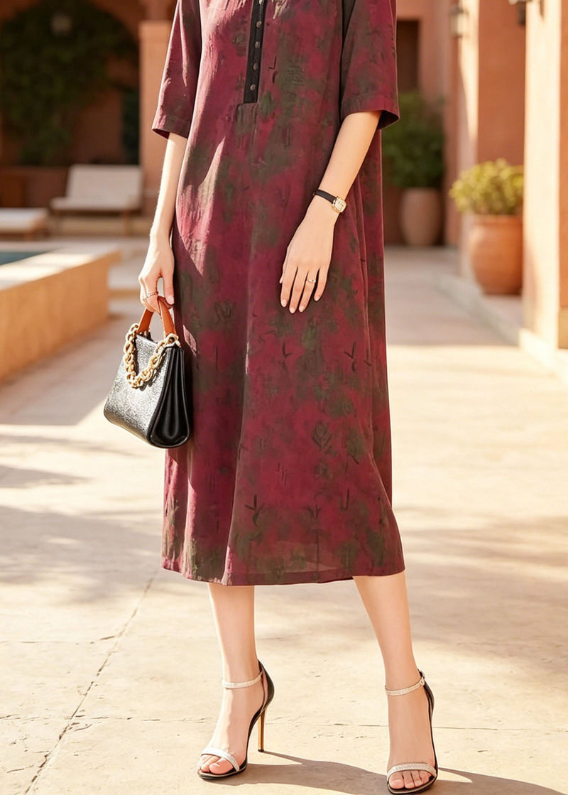 Red V Neck Print Patchwork Silk Dresses Summer