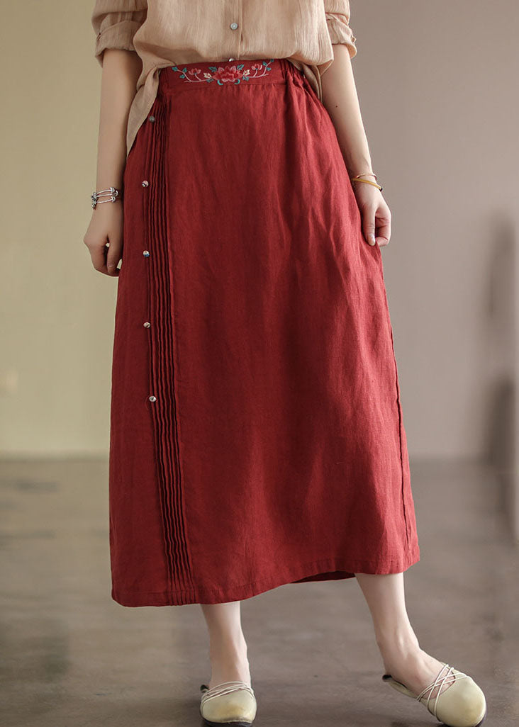 Red Wrinkled Embroidered Patchwork Cotton Skirts Summer