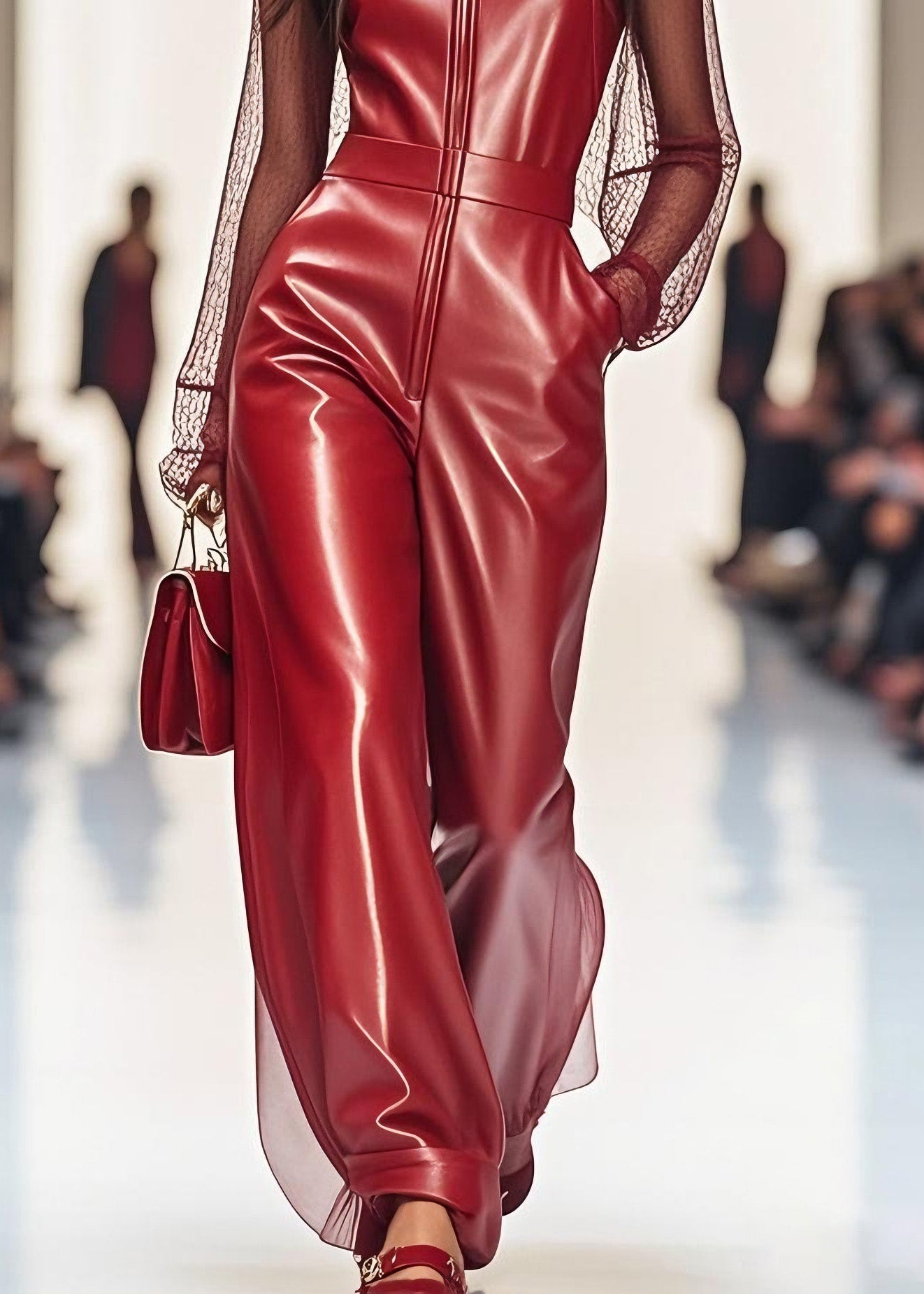 Red Zip Up Tulle Patchwork Faux Leather Jumpsuit Summer