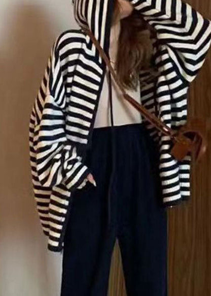 Red Zippered Wrinkled Striped Patchwork Cotton Knit Hoodies Coats Fall