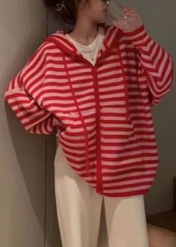 Red Zippered Wrinkled Striped Patchwork Cotton Knit Hoodies Coats Fall
