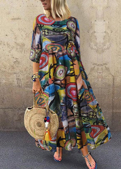 Retro Graffiti Print Round Neck Pleated Maxi Dresses