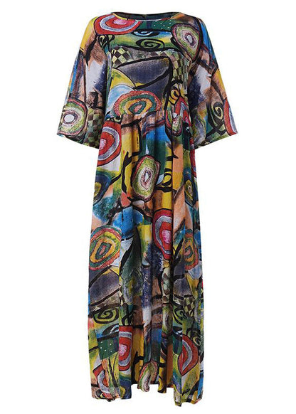 Retro Graffiti Print Round Neck Pleated Maxi Dresses