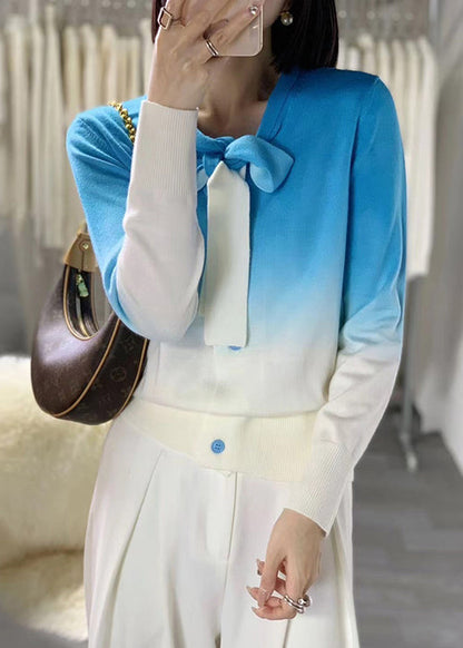 Rose Gradient Color Lace Up Wool Knit Sweaters Long Sleeve