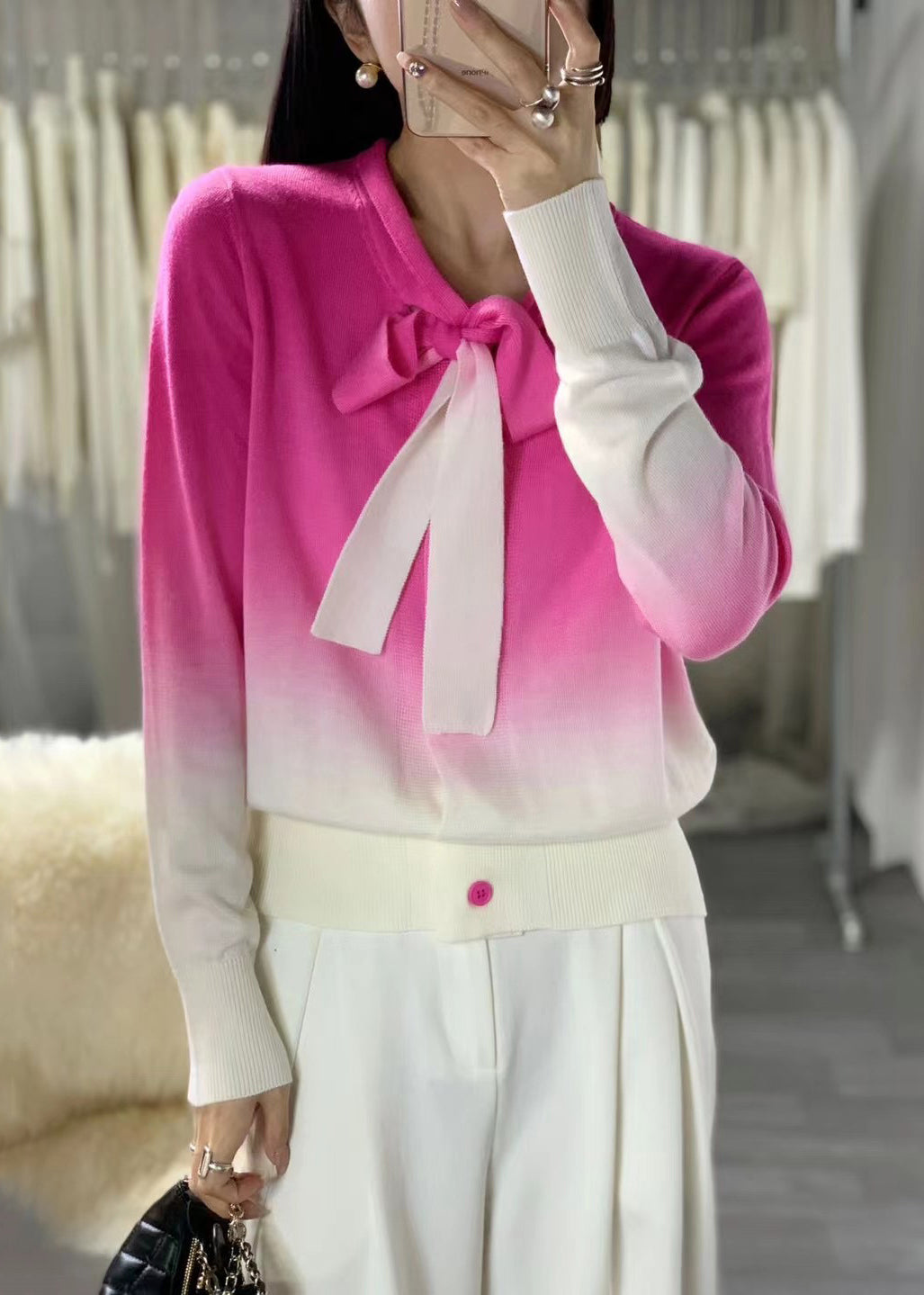 Rose Gradient Color Lace Up Wool Knit Sweaters Long Sleeve
