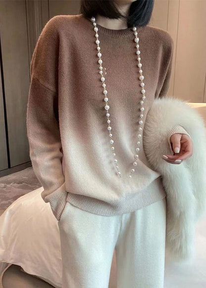 Rose Gradient Color O-neck Cozy Cashmere Knit Sweaters Fall