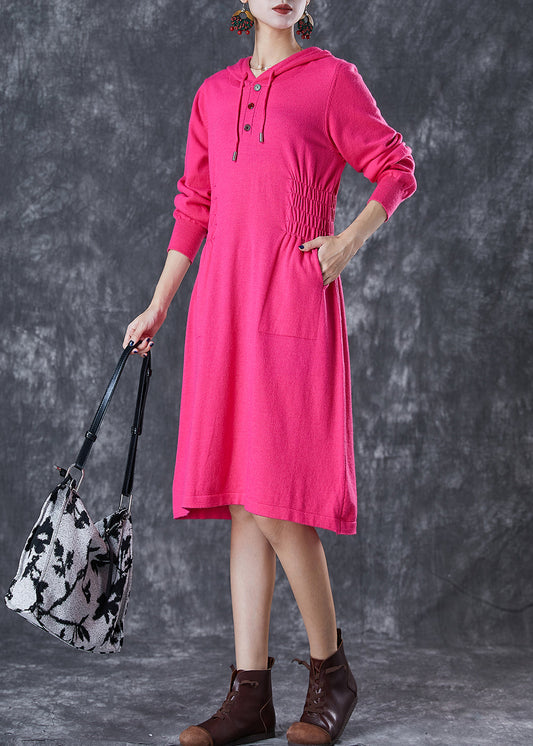 Rose Hooded Elastic Waist Knit Dresses Fall