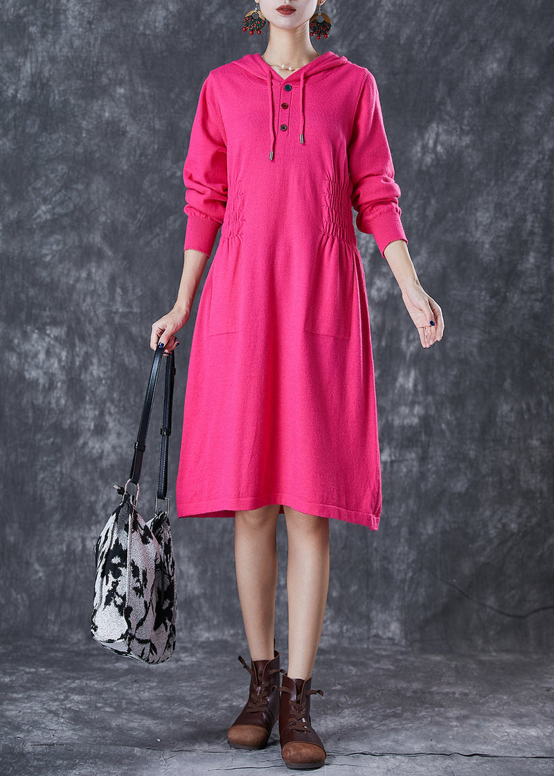 Rose Hooded Elastic Waist Knit Dresses Fall