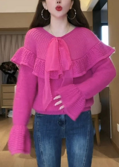 Rose O-neck Bow Cozy Cotton Knit Sweaters Flare Sleeve