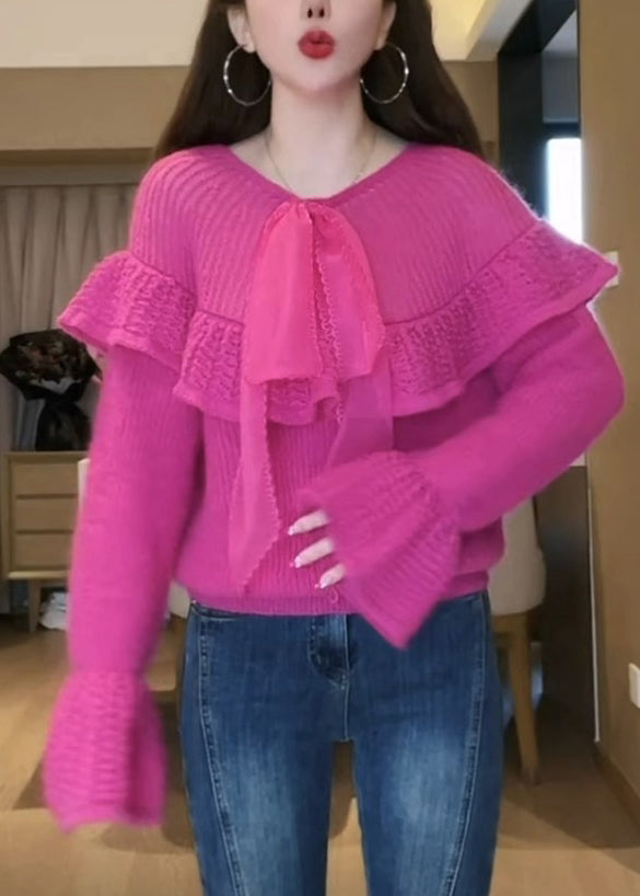 Rose O-neck Bow Cozy Cotton Knit Sweaters Flare Sleeve