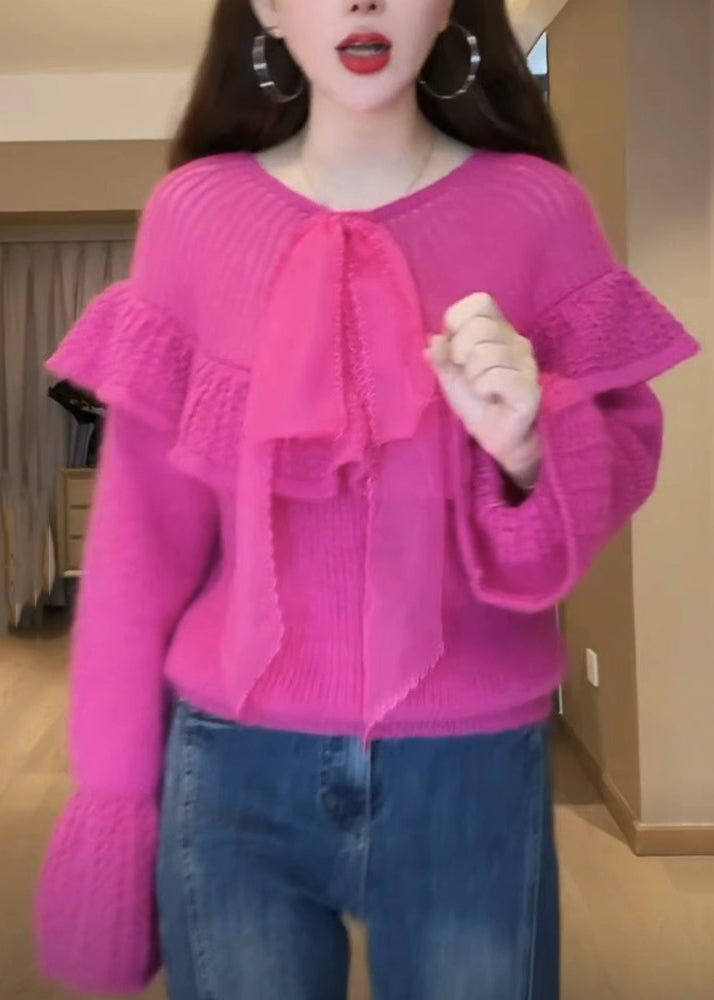Rose O-neck Bow Cozy Cotton Knit Sweaters Flare Sleeve