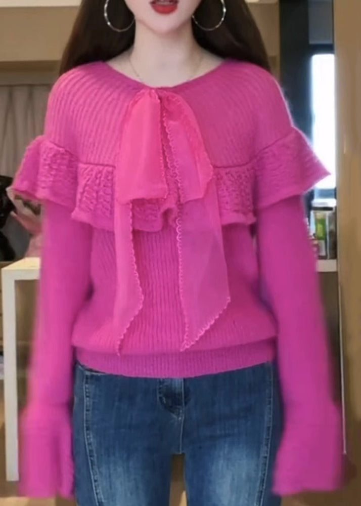 Rose O-neck Bow Cozy Cotton Knit Sweaters Flare Sleeve