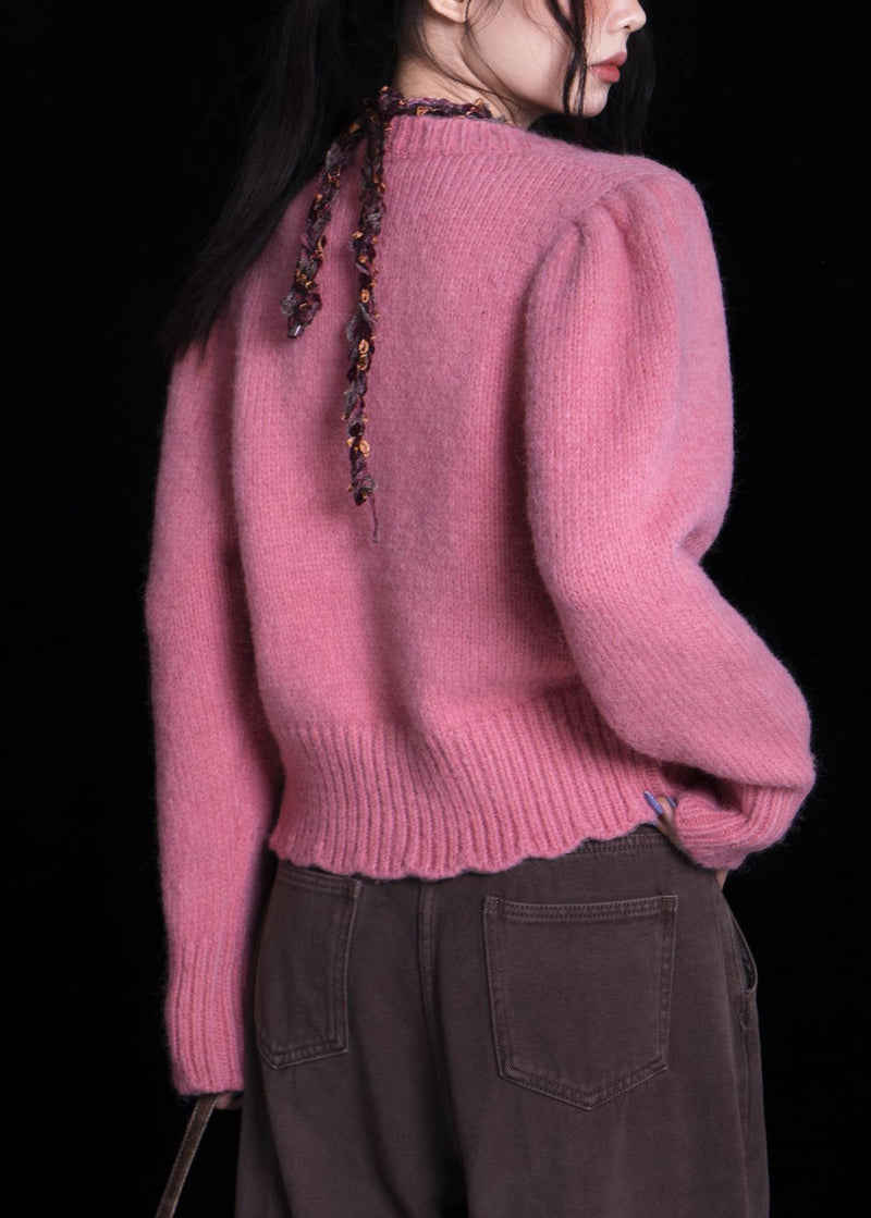 Rose O Neck Button Patchwork Knit Cardigan Fall