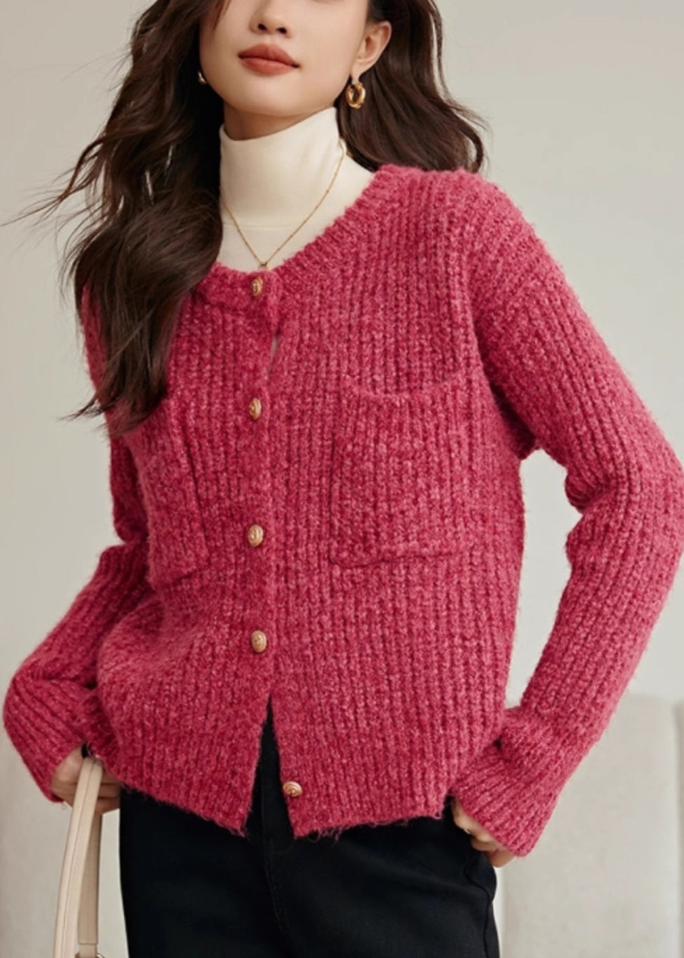 Rose O Neck Button Pockets Cotton Knit Coat Spring