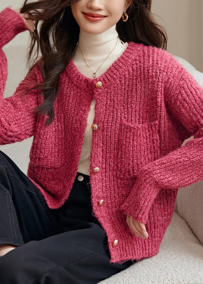 Rose O Neck Button Pockets Cotton Knit Coat Spring