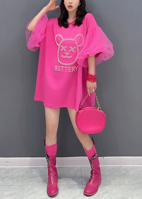 Rose O Neck Zircon Tulle Patchwork Cotton Mid Dress Summer