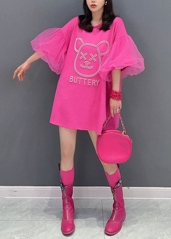 Rose O Neck Zircon Tulle Patchwork Cotton Mid Dress Summer