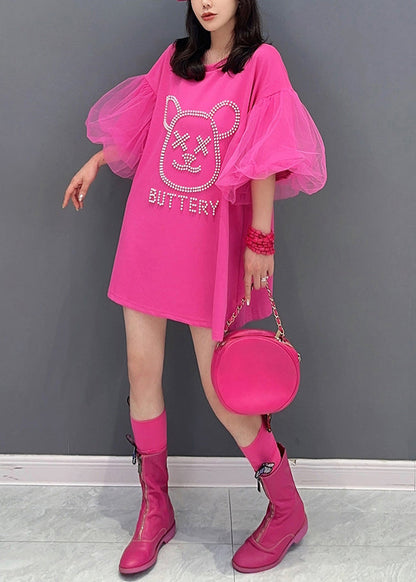 Rose O Neck Zircon Tulle Patchwork Cotton Mid Dress Summer