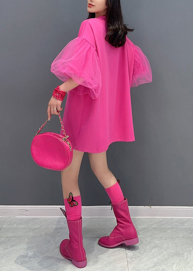 Rose O Neck Zircon Tulle Patchwork Cotton Mid Dress Summer