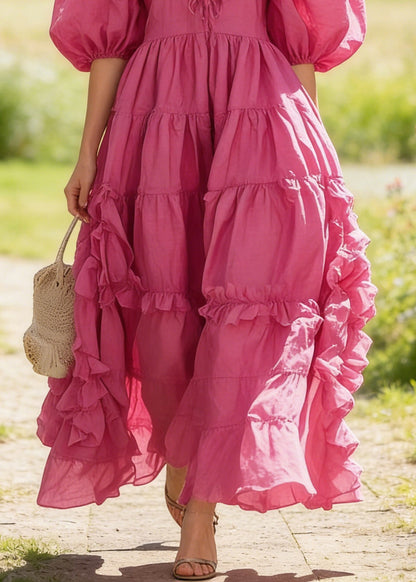 Rose Ruffled Exra Large Hem Cotton Dress Puff Sleeve