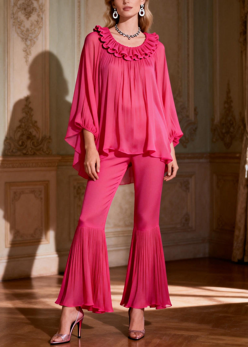 Rose Ruffled Low High Design Chiffon Two Piece Set Spring
