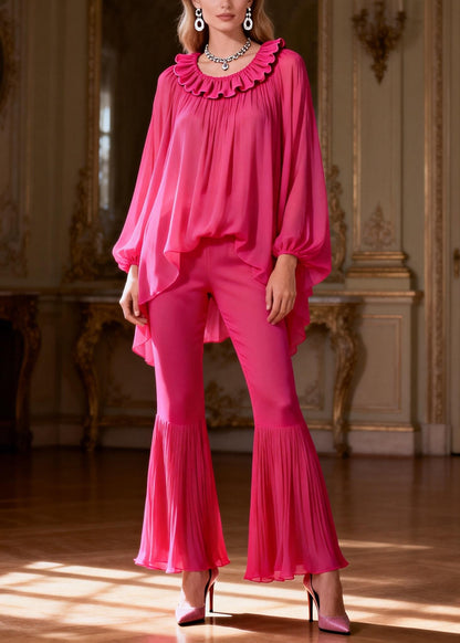 Rose Ruffled Low High Design Chiffon Two Piece Set Spring