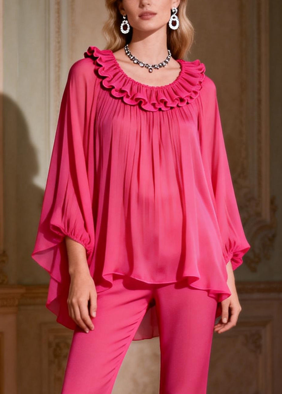 Rose Ruffled Low High Design Chiffon Two Piece Set Spring