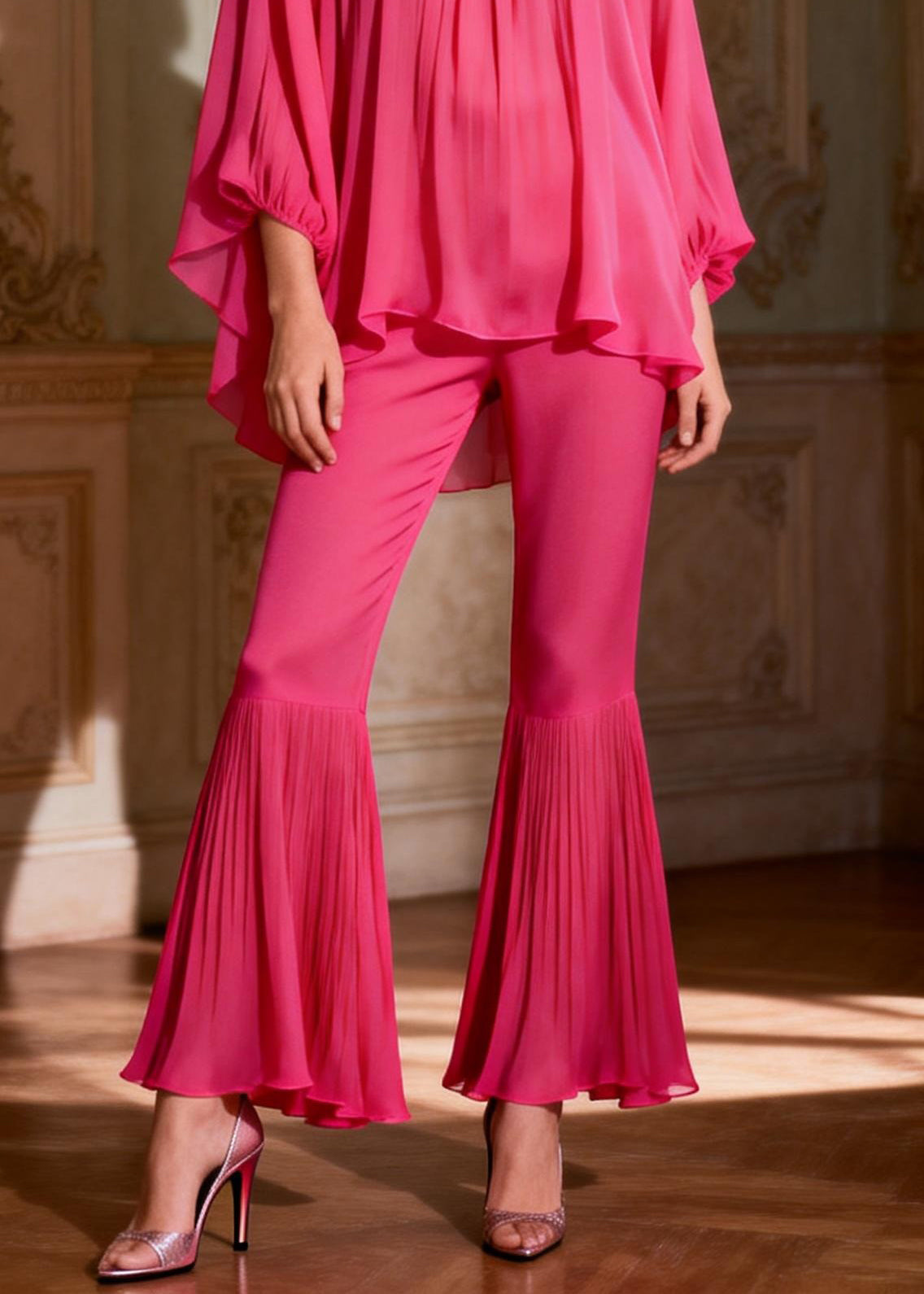 Rose Ruffled Low High Design Chiffon Two Piece Set Spring