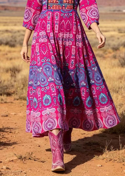 Rose Square Collar Print Cotton Long Dresses Summer