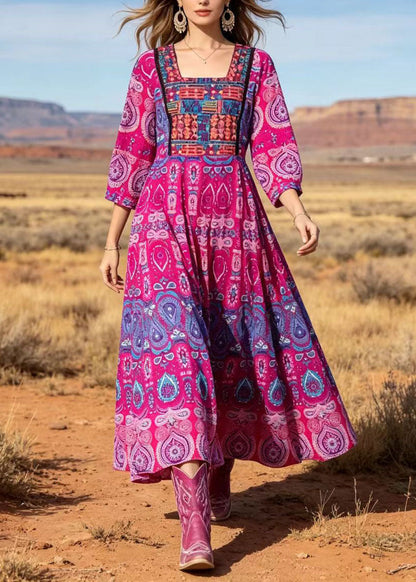 Rose Square Collar Print Cotton Long Dresses Summer