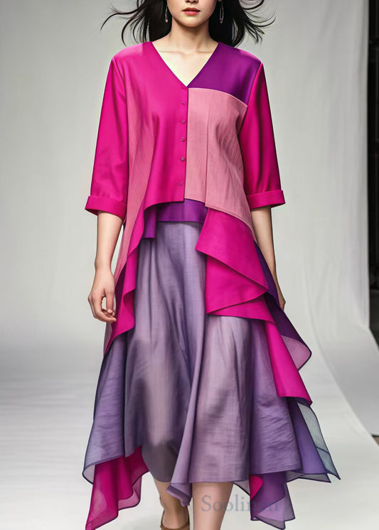 Rose V Neck Patchwork Cotton Vacation Dresses Summer