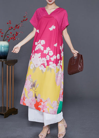 Rose V Neck Patchwork Print Silk Party Dress Summer