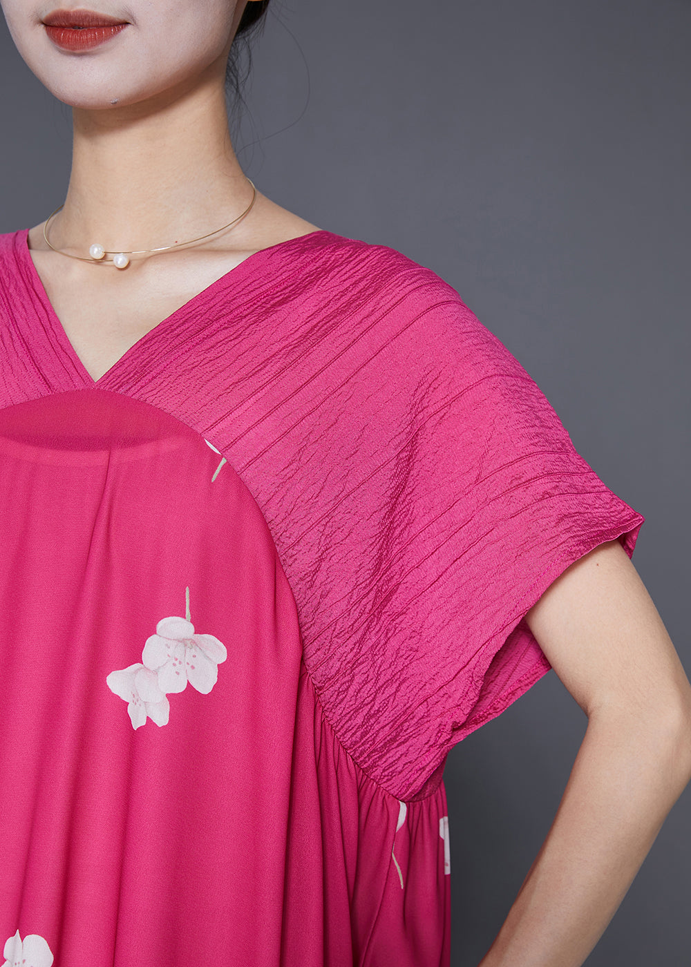 Rose V Neck Patchwork Print Silk Party Dress Summer