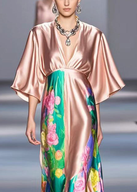 Rubber Red V Neck Print Draping Silk Dress Summer