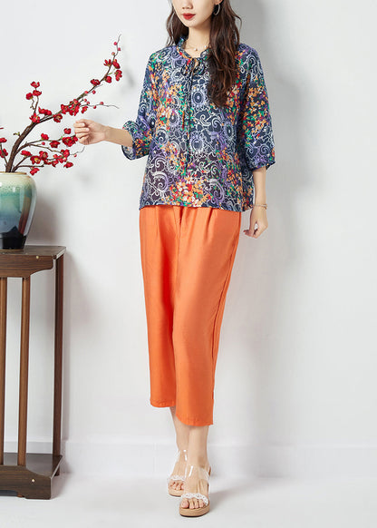 Ruffled Lace Up Print Cotton Tops and Pants Two Pieces Set Summer