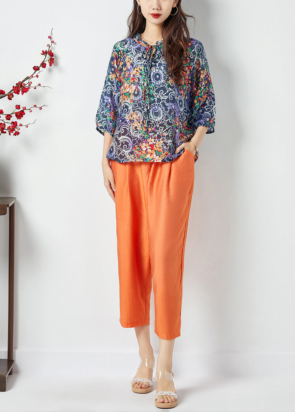 Ruffled Lace Up Print Cotton Tops and Pants Two Pieces Set Summer