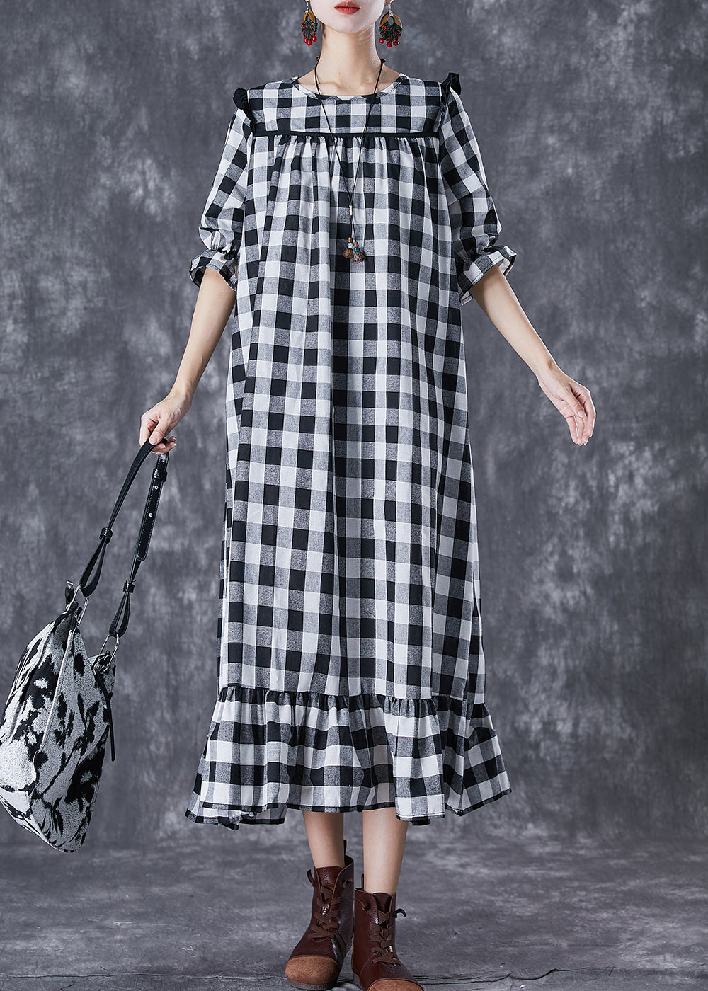 Ruffled Patchwork Plaid Cotton Ankle Dress Summer