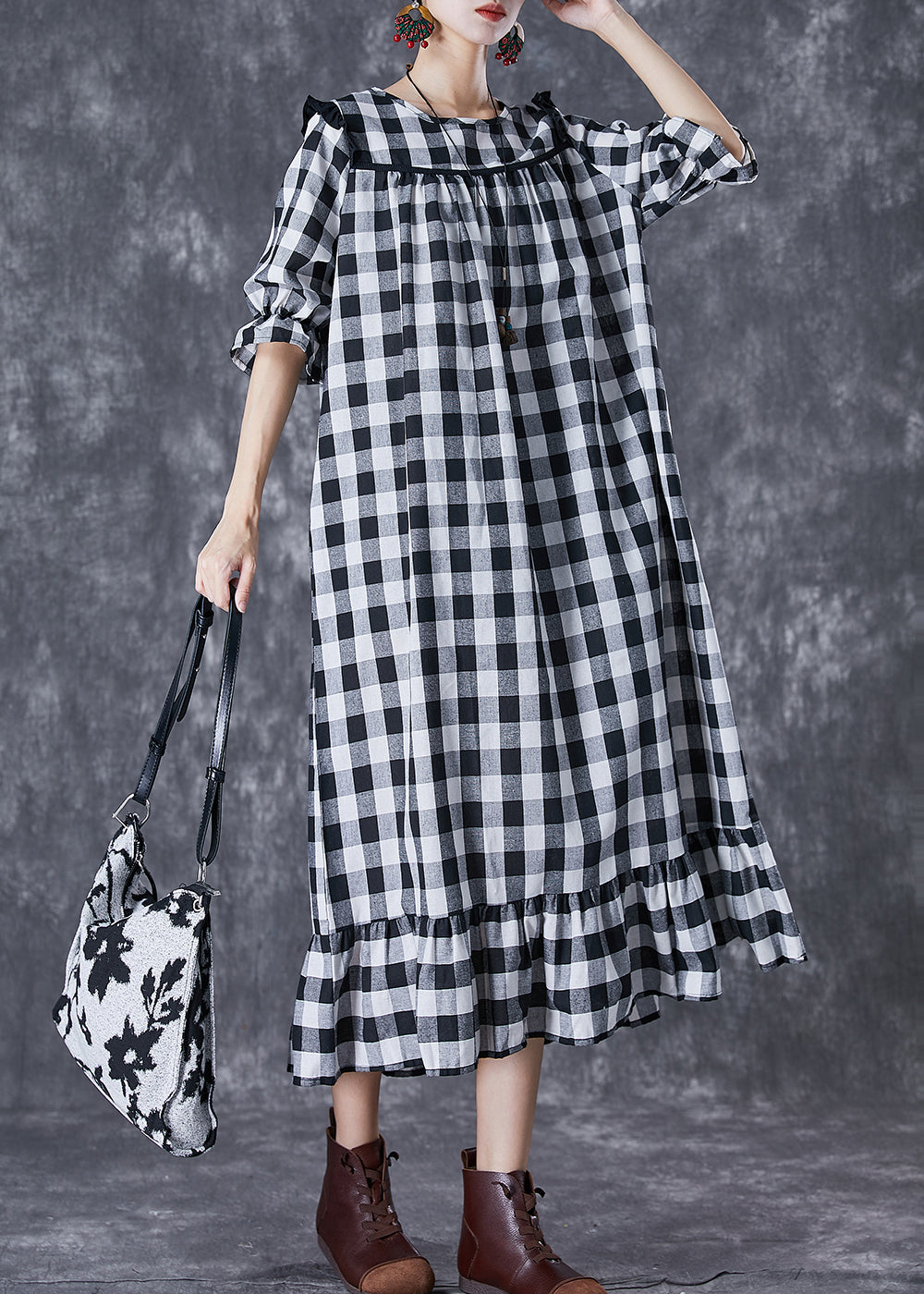 Ruffled Patchwork Plaid Cotton Ankle Dress Summer